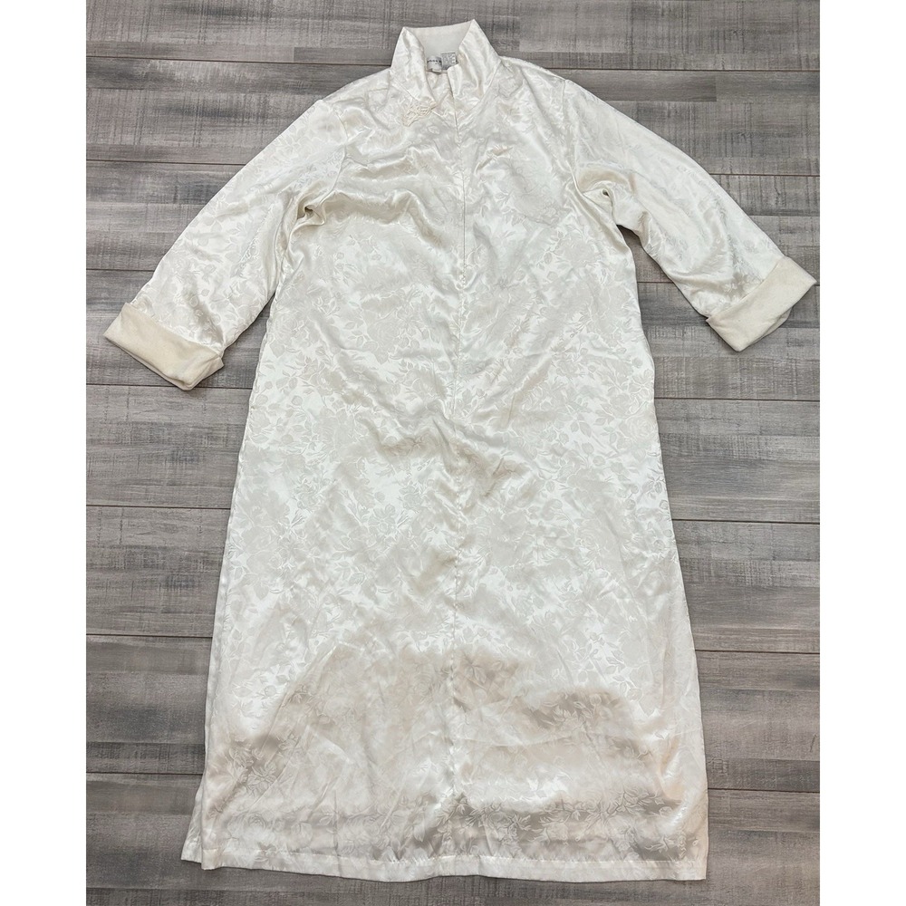 Vintage Miss Elaine At Home Women's L Nightgown Floral Satin White Ivory Lined